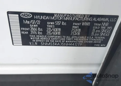 2022 Hyundai Santa Fe Sel из США, поврежденный, VIN 5NMS34AJ5NH441239